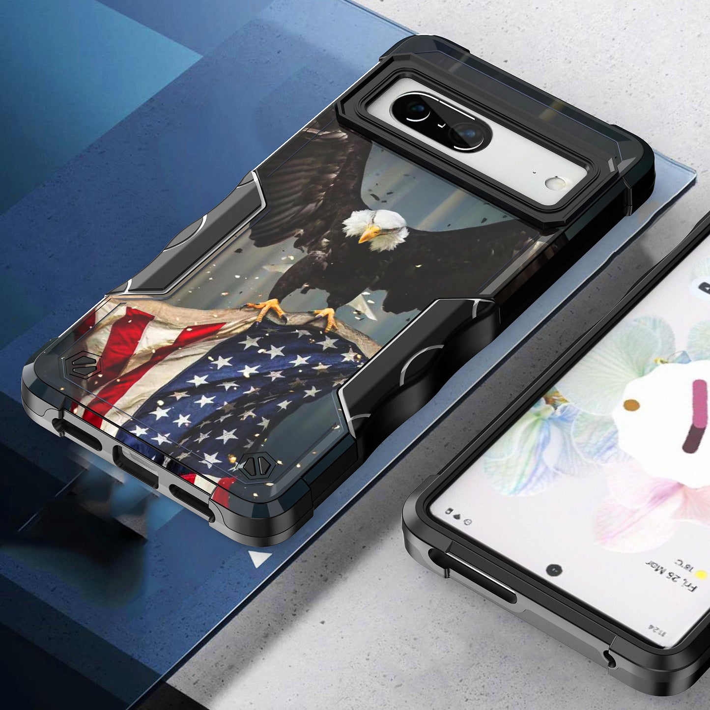 Case For Google Pixel 7 - Hybrid Grip Design Shockproof Phone Cover - American Bald Eagle Flying with Flag