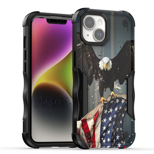 Case For Apple iPhone 15 - Hybrid Grip Design Shockproof Phone Cover - American Bald Eagle Flying with Flag