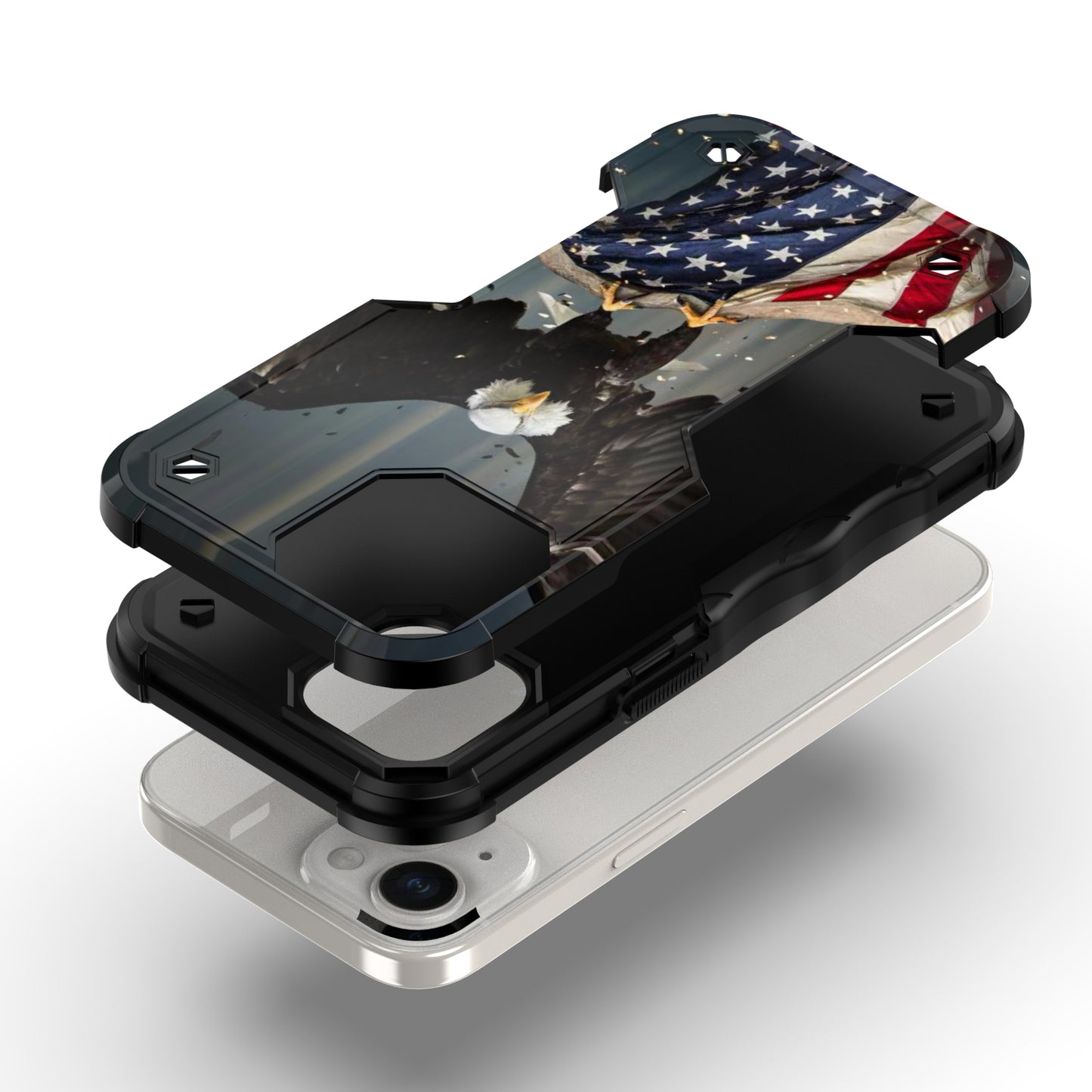 Case For Apple iPhone 15 - Hybrid Grip Design Shockproof Phone Cover - American Bald Eagle Flying with Flag