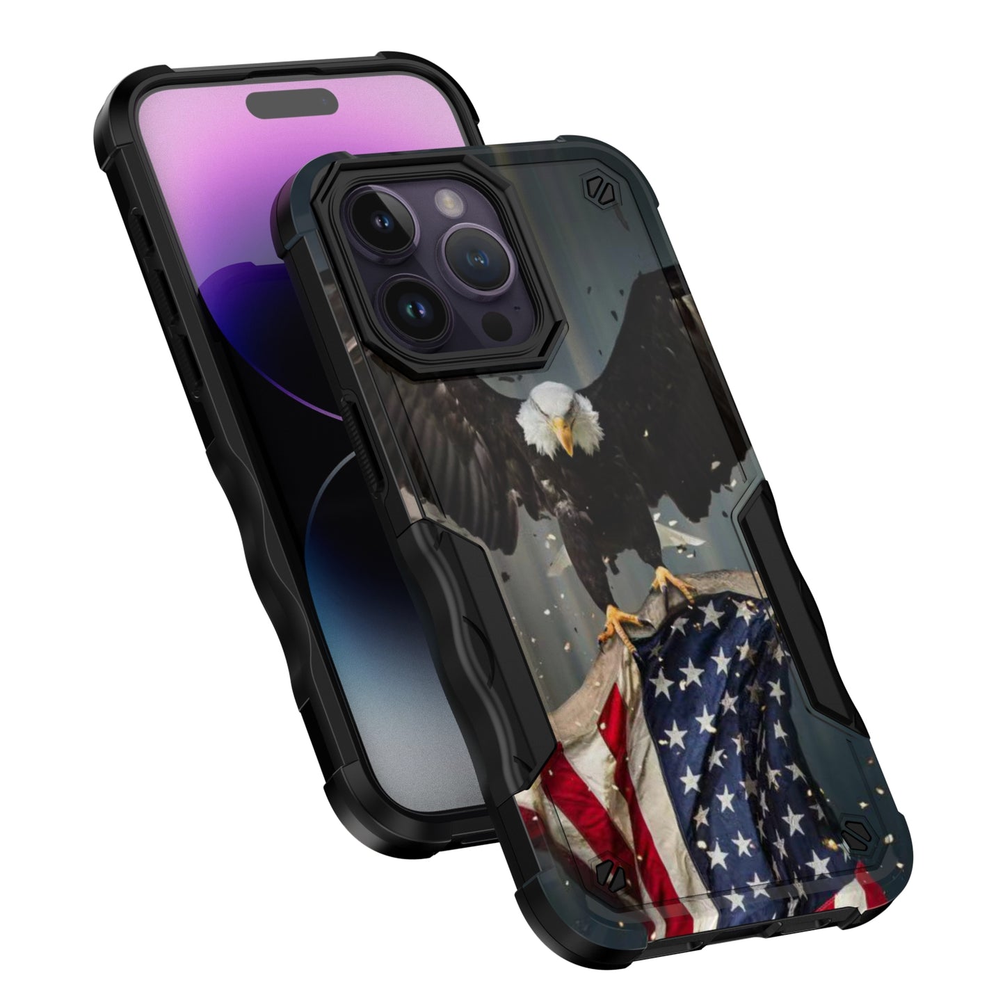 Case For Apple iPhone 15 Pro Max - Hybrid Grip Design Shockproof Phone Cover - American Bald Eagle Flying with Flag