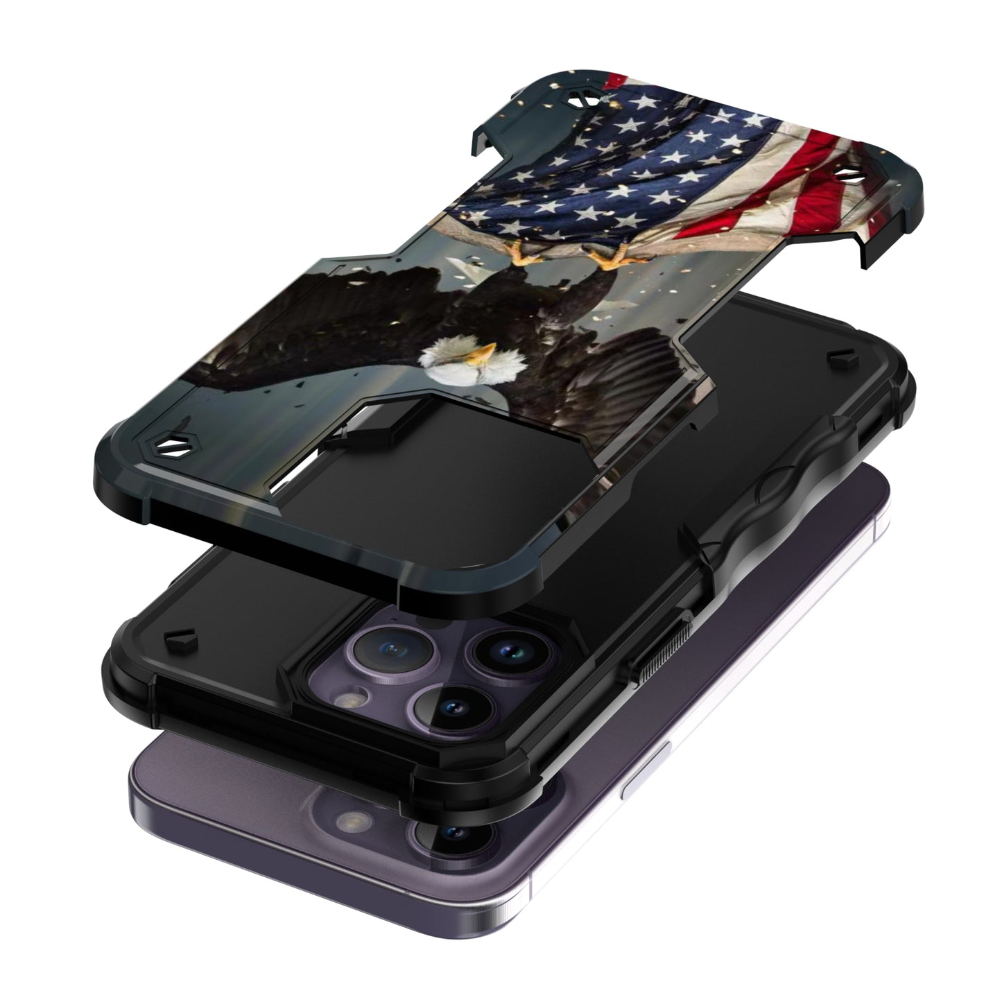 Case For Apple iPhone 15 Pro Max - Hybrid Grip Design Shockproof Phone Cover - American Bald Eagle Flying with Flag