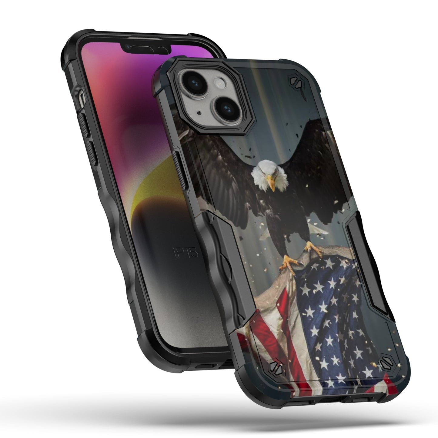 Case For Apple iPhone 15 Plus - Hybrid Grip Design Shockproof Phone Cover - American Bald Eagle Flying with Flag