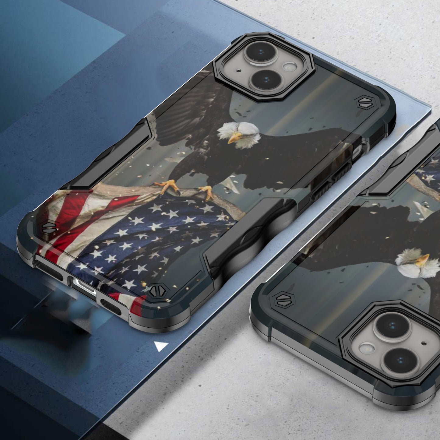 Case For Apple iPhone 15 Plus - Hybrid Grip Design Shockproof Phone Cover - American Bald Eagle Flying with Flag