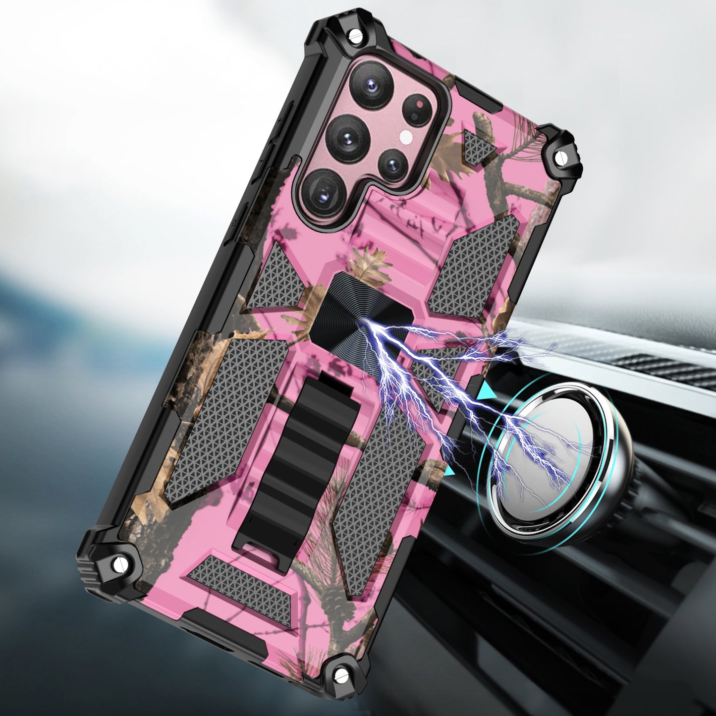 Case For Samsung Galaxy S22 ULTRA - Military Style Kickstand Phone Cover - Hunting Camo Pink