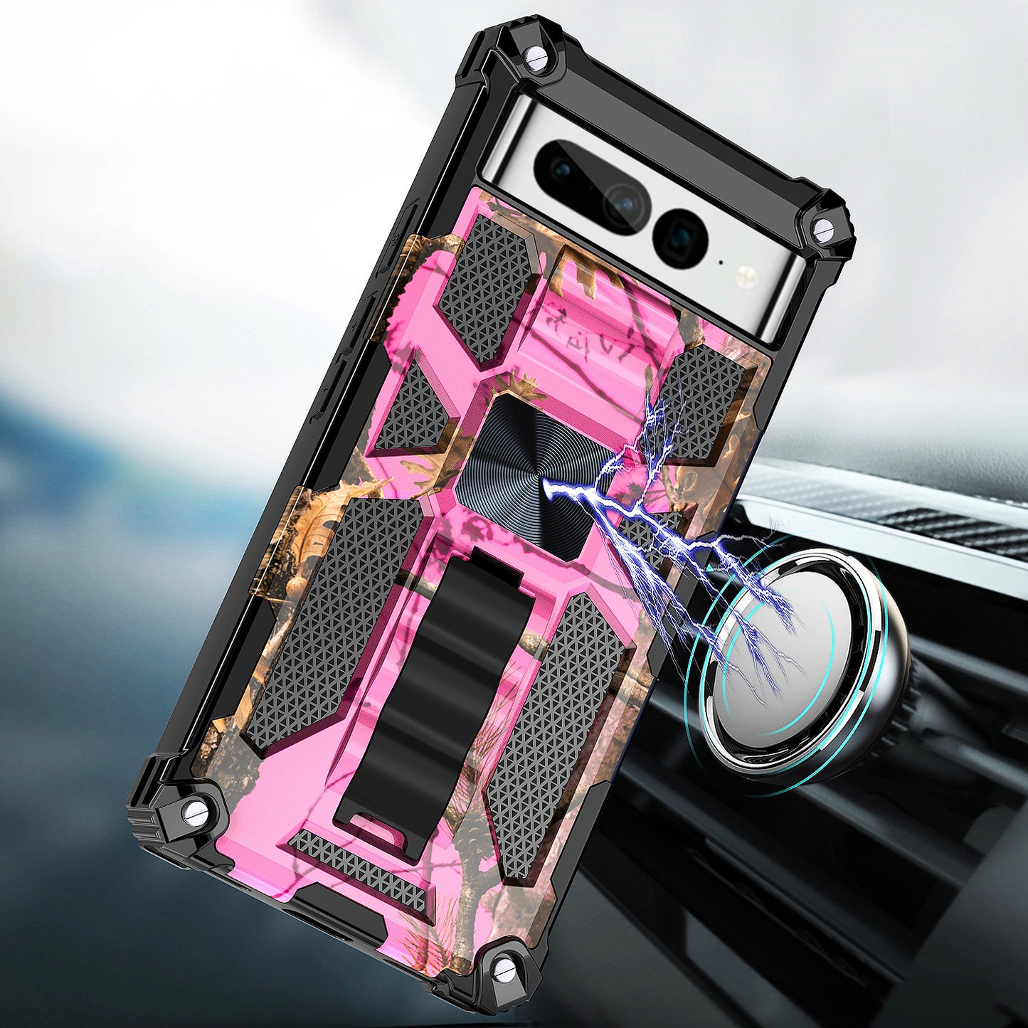 Case For Google Pixel 7 - Military Style Kickstand Phone Cover - Hunting Camo Pink