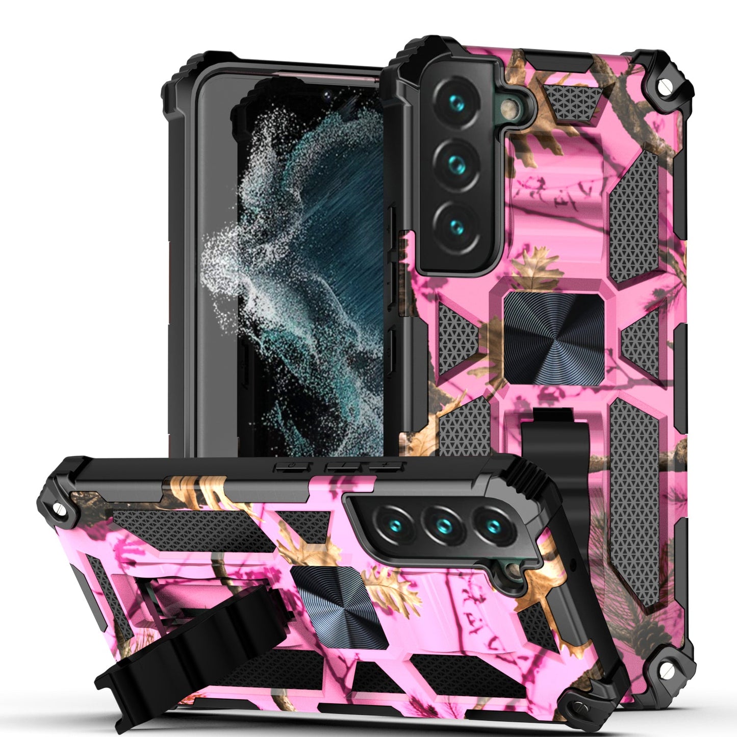 Case For Samsung Galaxy S22 - Military Style Kickstand Phone Cover - Hunting Camo Pink