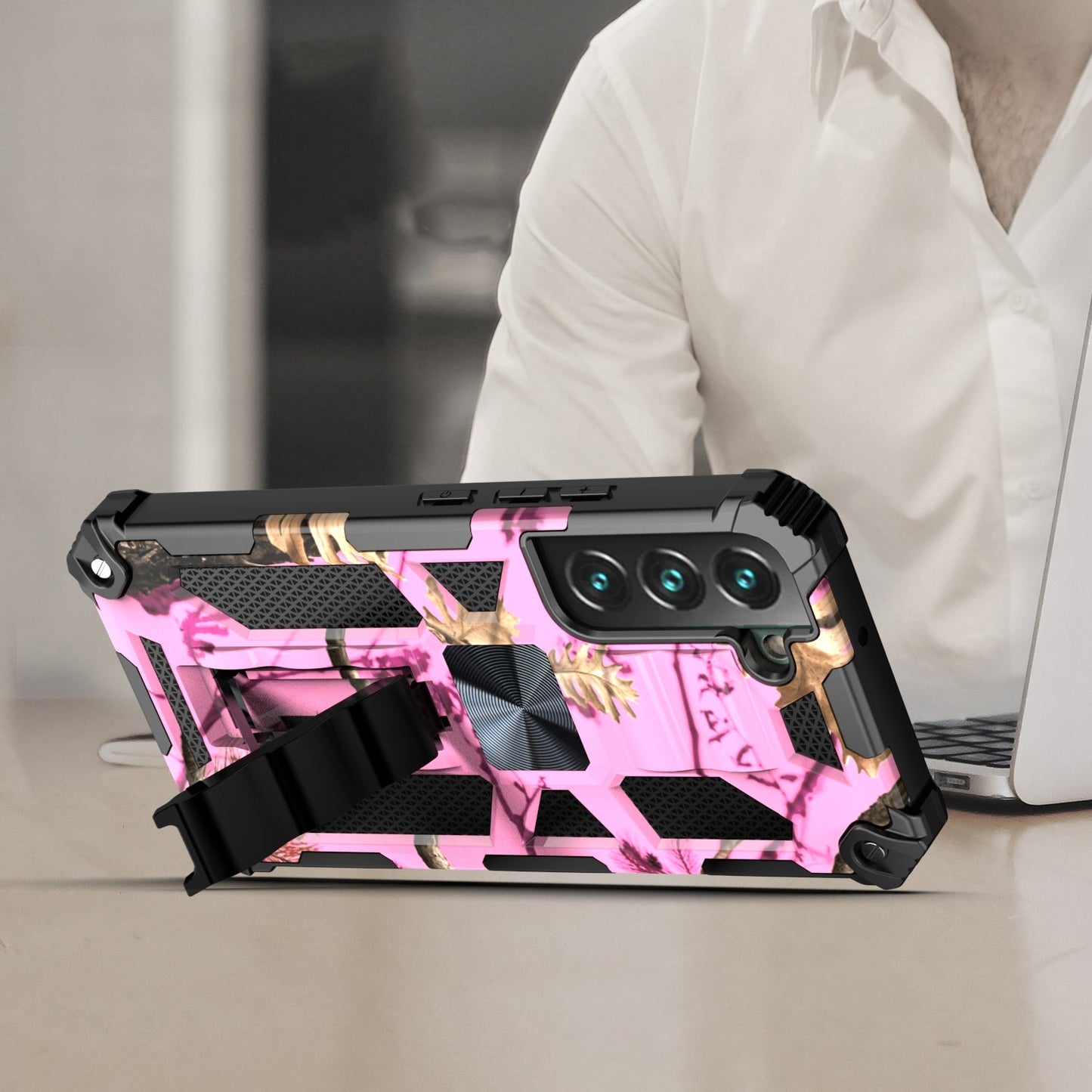 Case For Samsung Galaxy S22 - Military Style Kickstand Phone Cover - Hunting Camo Pink