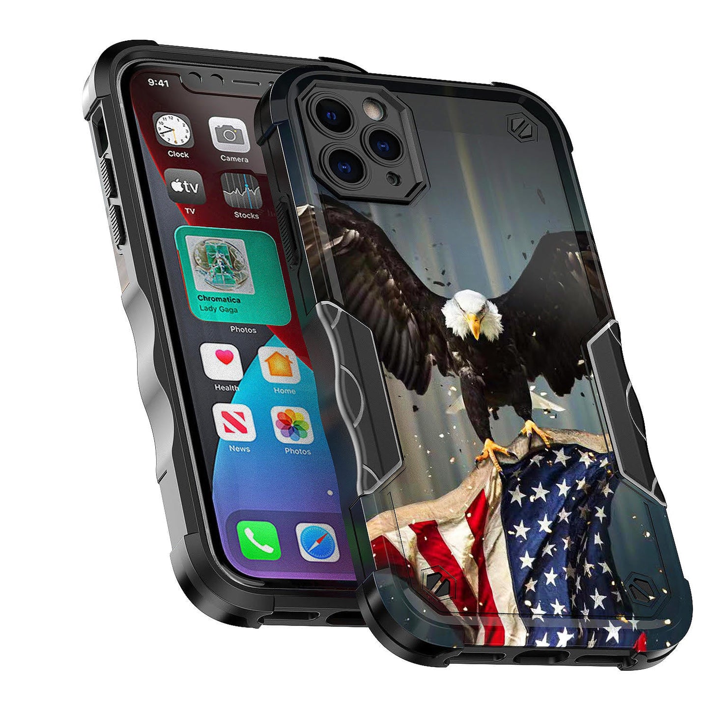 Case For Apple iPhone 11 Pro Max - Hybrid Grip Design Shockproof Phone Cover - American Bald Eagle Flying with Flag