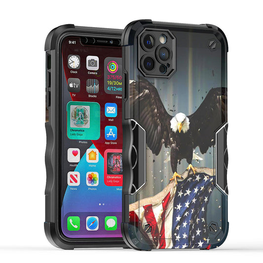 Case For Apple iPhone 12 Pro Max - Hybrid Grip Design Shockproof Phone Cover - American Bald Eagle Flying with Flag
