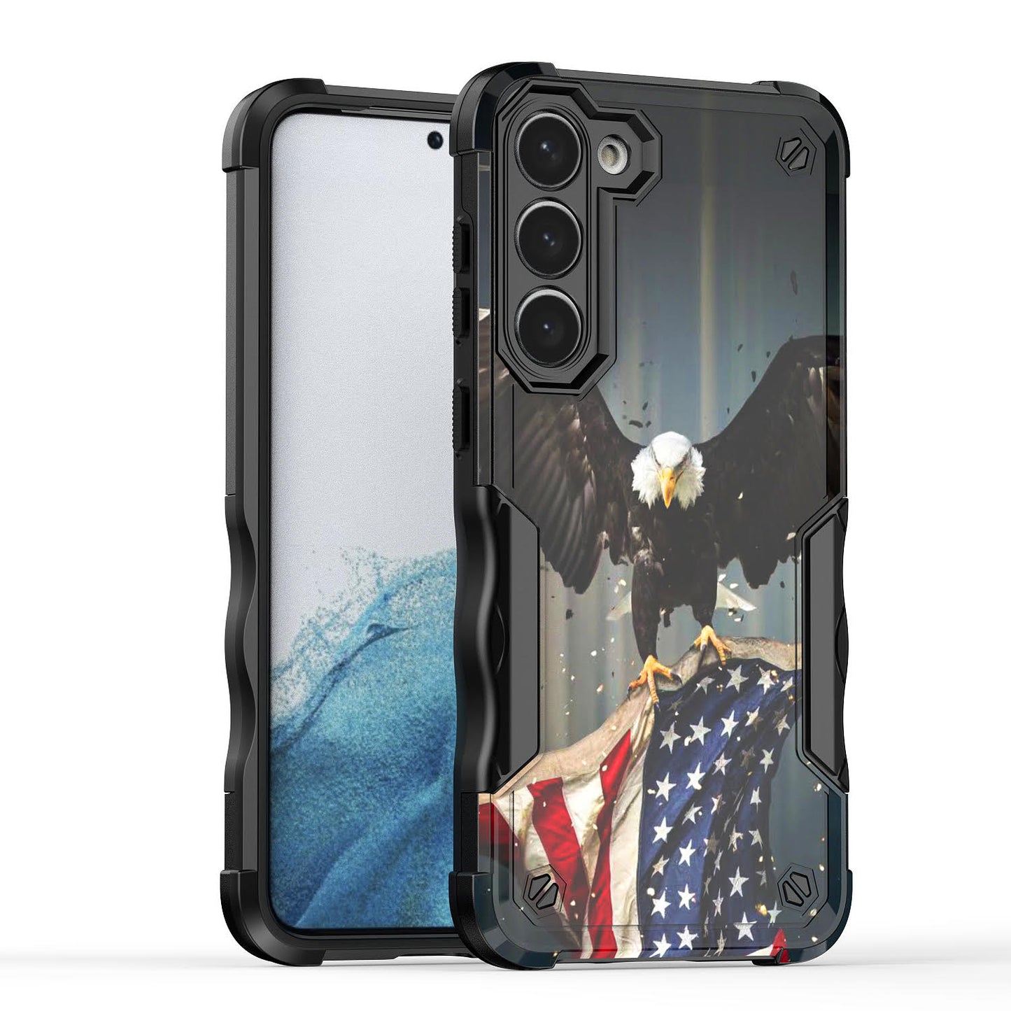 Case For Samsung Galaxy S23 PLUS - Hybrid Grip Design Shockproof Phone Cover - American Bald Eagle Flying with Flag