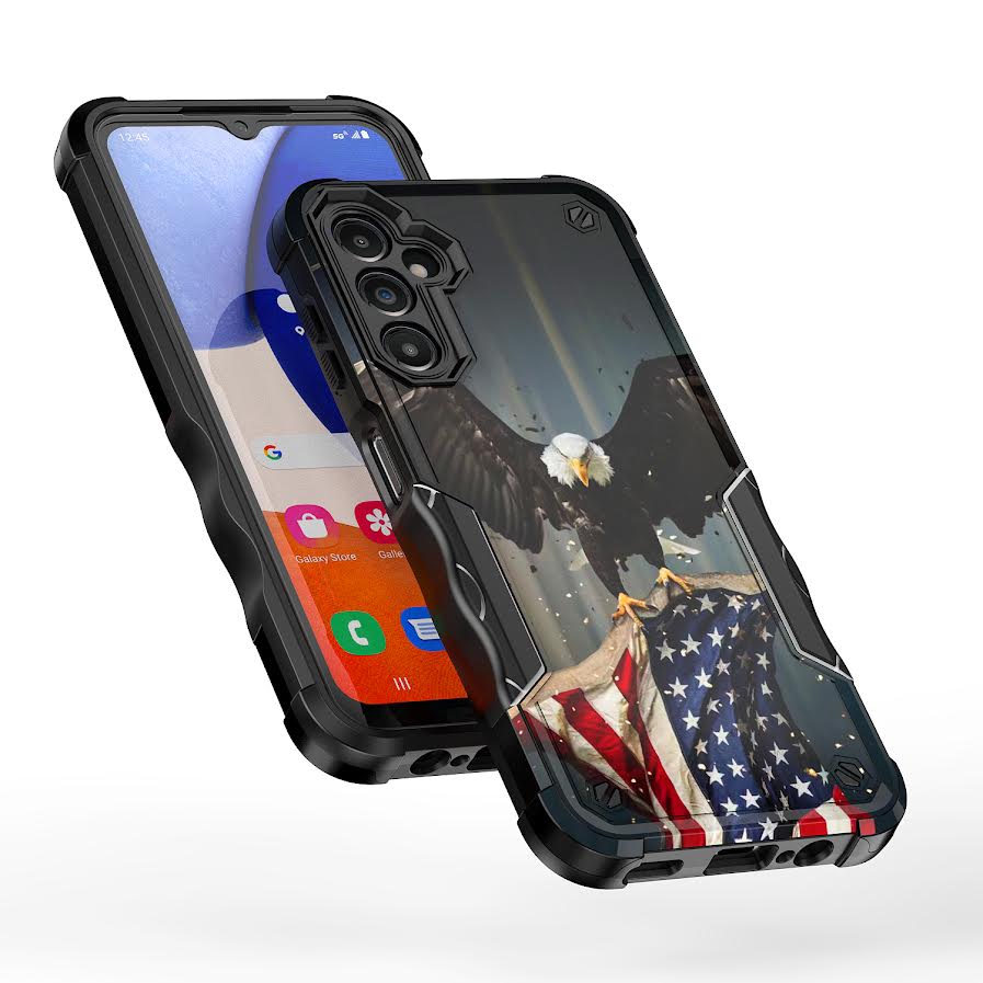 Case For Samsung Galaxy A14 5G Hybrid Grip Design Shockproof Phone Cover - American Bald Eagle Flying with Flag