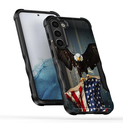 Case For Samsung Galaxy S23 PLUS - Hybrid Grip Design Shockproof Phone Cover - American Bald Eagle Flying with Flag