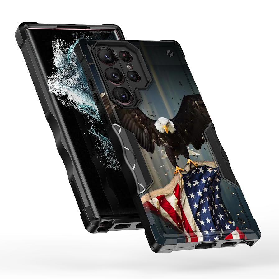 Case For Samsung Galaxy S23 Ultra - Hybrid Grip Design Shockproof Phone Cover - American Bald Eagle Flying with Flag