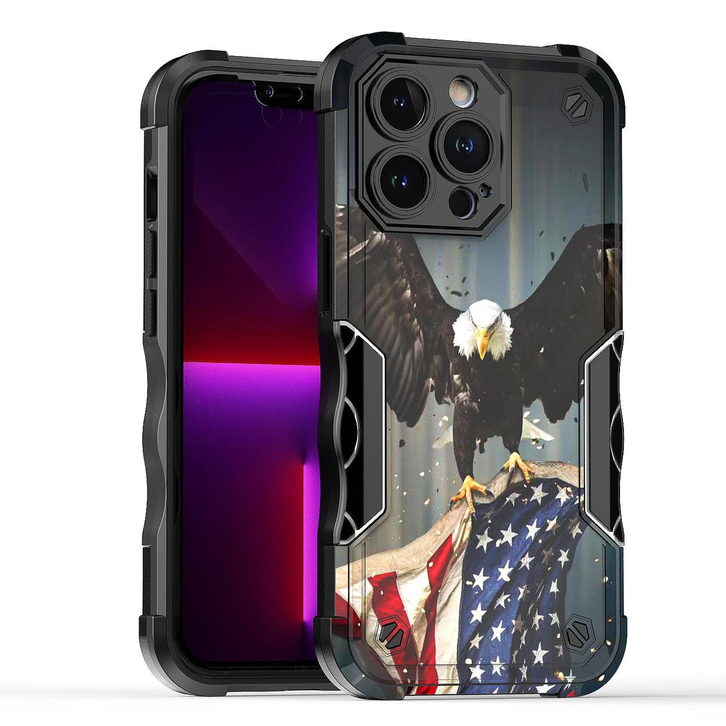 Case For Apple iPhone 13 Pro Max - Hybrid Grip Design Shockproof Phone Cover - American Bald Eagle Flying with Flag