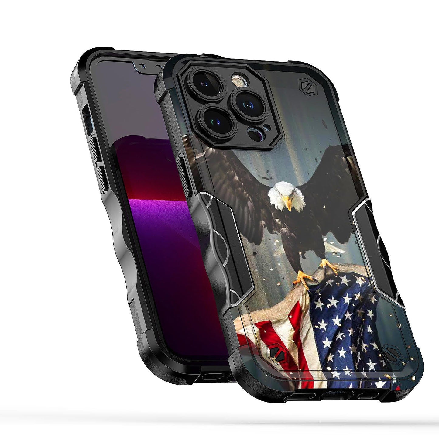Case For Apple iPhone 13 Pro Max - Hybrid Grip Design Shockproof Phone Cover - American Bald Eagle Flying with Flag