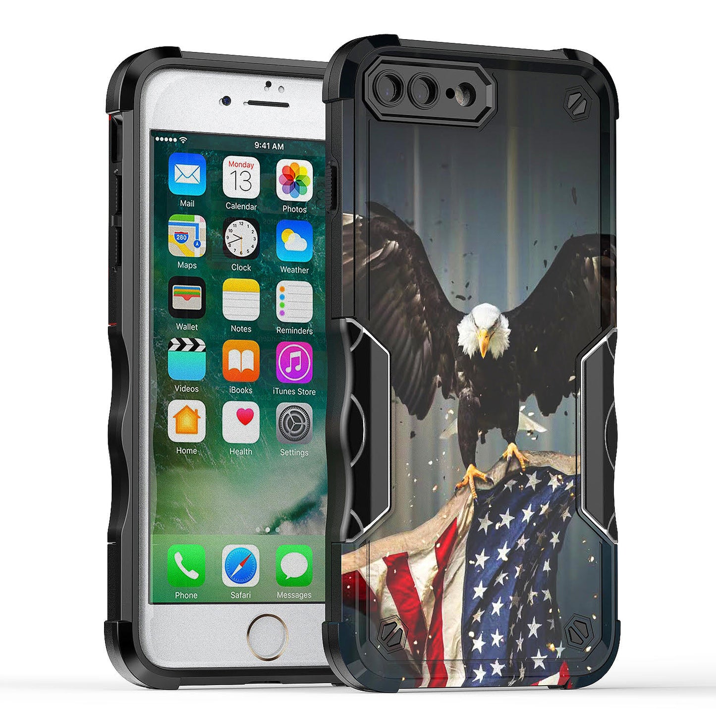 Case For Apple iPhone 8 Plus - Hybrid Grip Design Shockproof Phone Cover - American Bald Eagle Flying with Flag