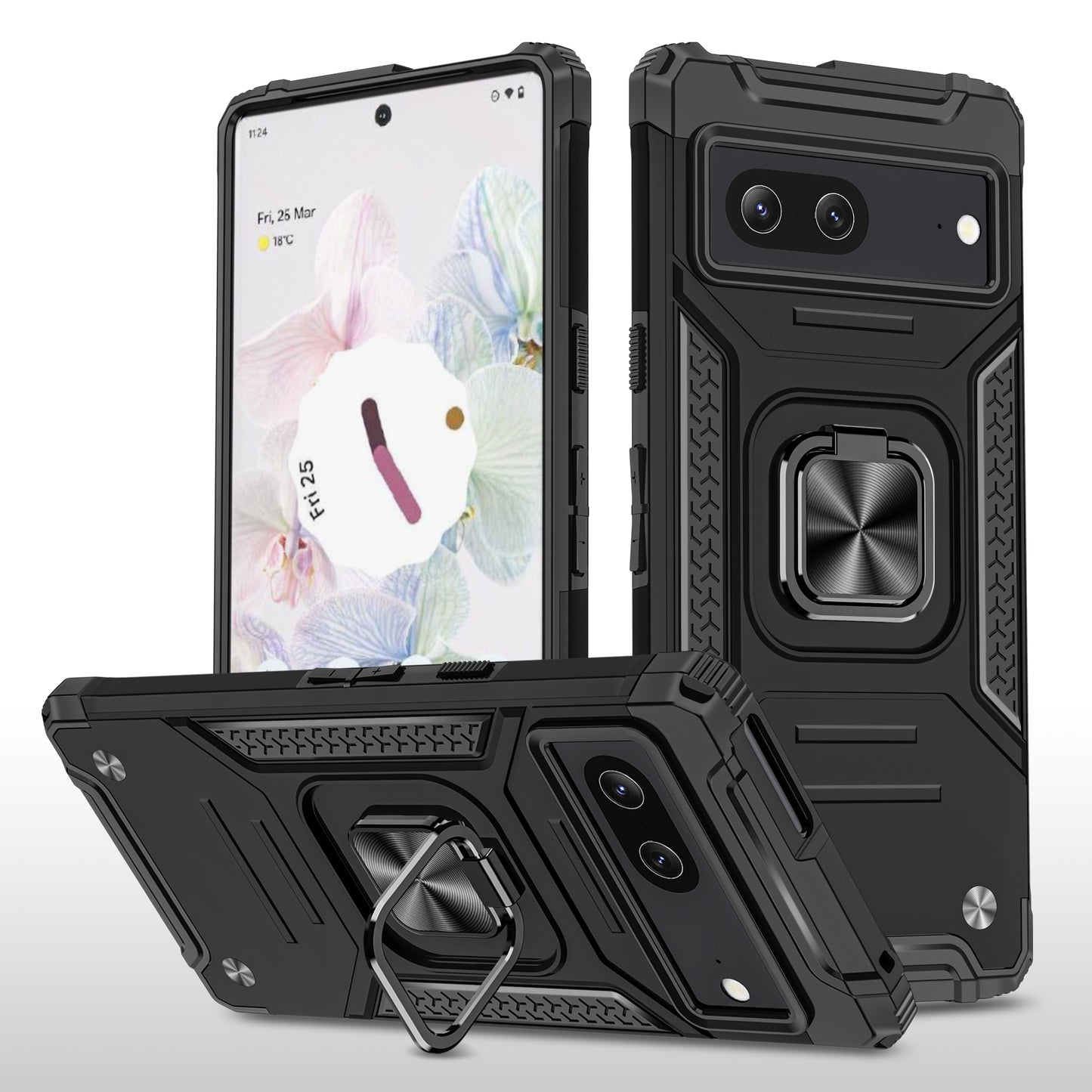 Case For Google Pixel 7 Shockproof Ring Stand Phone Cover - Black