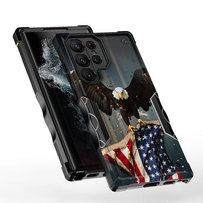 Case For Samsung Galaxy S22 ULTRA - Hybrid Grip Design Shockproof Phone Cover - American Bald Eagle Flying with Flag